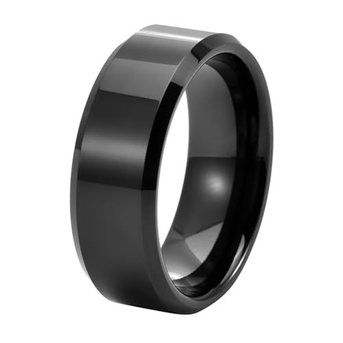 Calefee Ring Schlicht Herren Eheringe, Wolframringe für Trauung Damen Bandring Schwarz 8 mm Breit mit Abgeschrägter Kante, gr. 54 von Calefee