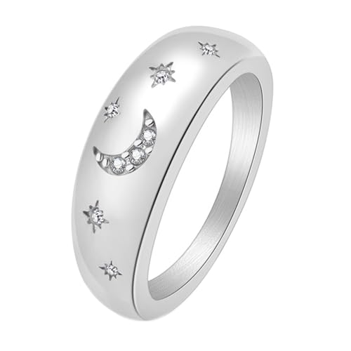 Calefee Ring für Damen Verlobungsring, Ring Personalisierbar Damen Edelstahl Bandring Mondstern Breit 7 mm mit Zirkonia, Größe 49 von Calefee