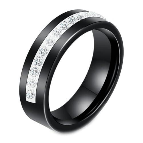 Calefee Ringe Frauen Verlobungsring, Keramik Ring Schwarz Personalisiert Bandring Breit 6 mm mit Zirkonia, gr. 57 von Calefee