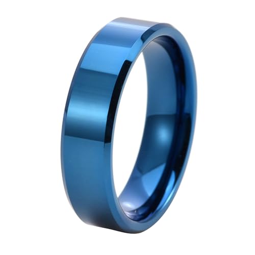Calefee Ringe Frauen Verlobungsring, Personalisierte Ringe Herren Wolfram Bandring Blau Breit 6 mm mit Abgeschrägter Kante, Größe 52 von Calefee