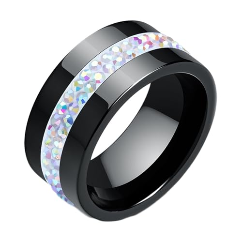 Calefee Ringe Herren Verlobungsring, Keramik Ringe Schwarz Personalisiert Bandring Breit 10 mm mit Zweireihigem Zirkonia, gr. 62 von Calefee