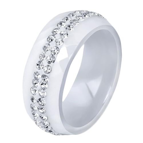Calefee Ringe Mann Verlobungsring, Keramik Ring Weiss Eheringe Bandring Facettiert 8 mm Breit mit 2 Reihen Zirkonia, gr. 62 von Calefee