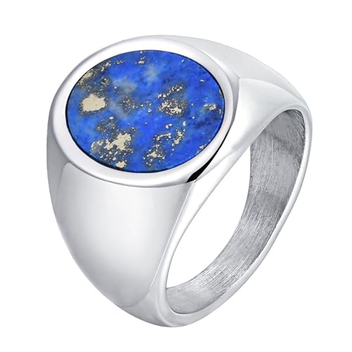 Calefee Ringe Mann Verlobungsring, Ring für Herren mit Gravur Edelstahl Siegelring Breit 17 mm Runde Form mit Lapislazuli, gr. 52 von Calefee