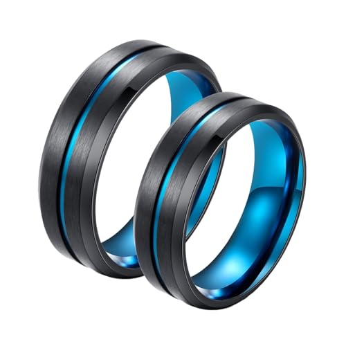 Calefee Ringe aus Edelstahl Set für Trauung, Ringe Partnerringe mit Gravur Blau Schwarzer Ring Gebürsteter 8 mm, Damen Größe 60 und Herren Größe 65 von Calefee