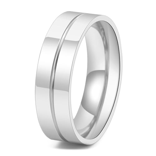 Calefee Ringe für Damen Verlobungsring, Ring Herren Edelstahl Eheringe Bandring Breit 6 mm mit Rille, Größe 65 von Calefee