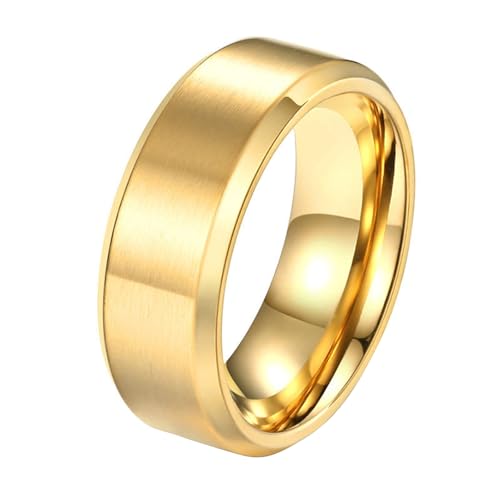 Calefee Verlobungsring Damen Schlicht, Männer Ringe Edelstahl Eheringe Bandring Breit 8 mm Gebürstet mit Abgeschrägter Kante Gold, gr. 54 von Calefee