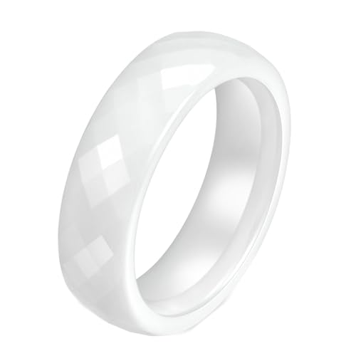 Calefee Verlobungsring Herren Schlicht, Keramik Ring Weiss Damen Eheringe Bandring Breit 6 mm Facettiert Weiß, gr. 52 von Calefee