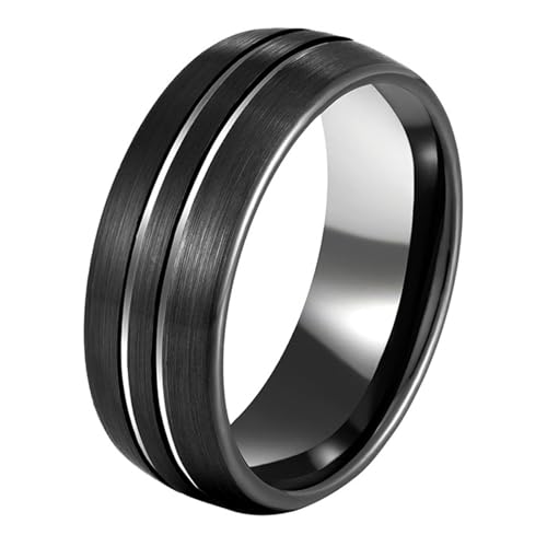 Calefee Verlobungsring Mann Schlicht, Personalisierte Ringe Herren Wolfram Bandring Matt Gebürstet Schwarz 8 mm Breit mit Rille, Größe 70 von Calefee
