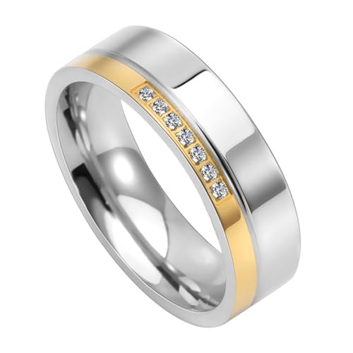Calefee Verlobungsringe Herren Schlicht, Edelstahlringe Damen Personalisiert Bandring Silber Gold 6 mm Breit mit Zirkonia, gr. 60 von Calefee