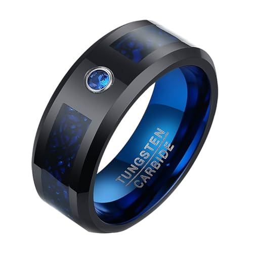 Calefee Verlobungsringe Herren Schlicht, Wolframringe für Trauung Modeschmuck Bandring Breit 8 mm Schwarz Blau mit Carbon, gr. 65 von Calefee