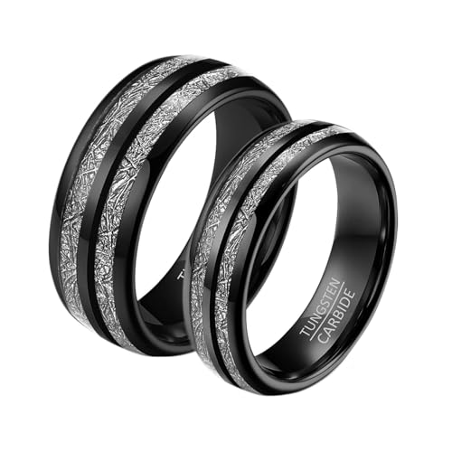 Calefee Wolfram Ringe Paare, Partnerringe mit Gravur 6 mm 8 mm Schwarzer Ring mit Metall, Damen Größe 60 und Herren Größe 65 von Calefee