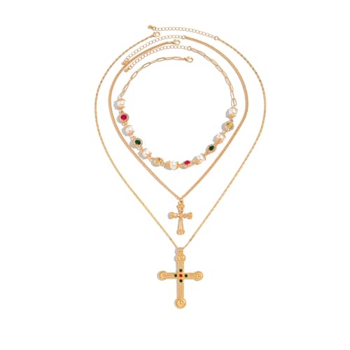 Calefee Y Halskette Damen Gold, Perlenkette Herren Kreuz mit Zirkonia Mehrlagige 54 cm Lang Verstellbar, Halskette Anhänger Modeschmuck von Calefee