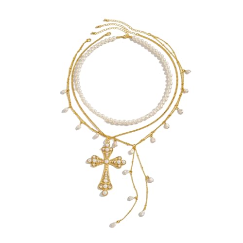 Calefee Y Halskette mit Perle Herren, Perlenkette Damen Weiß Mehrlagige Kette mit Kreuz 54 cm Lang Verstellbar, Halskette Anhänger von Calefee