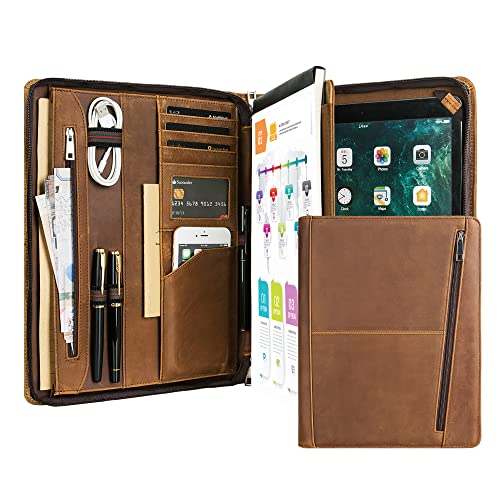 Calfinder FREI Name Gravur, Personalisierte Konferenzmappe A4, Schreibmappe Leder mit a4 Klemmbrett, Business Organizer Mappe, Leather Portfolio, Geschenk für Damen/Herren, Customized, Braun von Calfinder