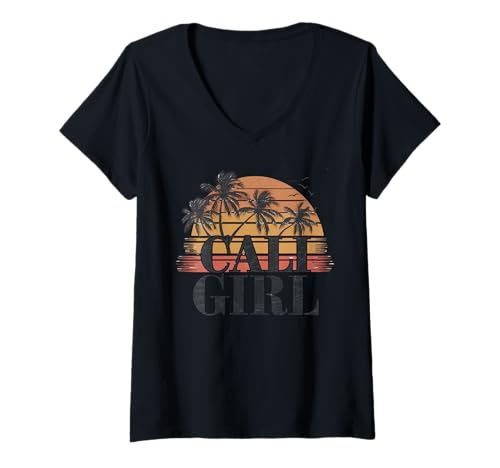 Damen Cali Girl Tshirt California Beach Sommer Urlaub 70er Retro T-Shirt mit V-Ausschnitt Damen Cali Girl Tshirt California Beach Sommer Urlaub 70er Retro T-Shirt mit V-Ausschnitt von Cali Girl Shirt Vintage Retro Beach Mädchen Urlaub