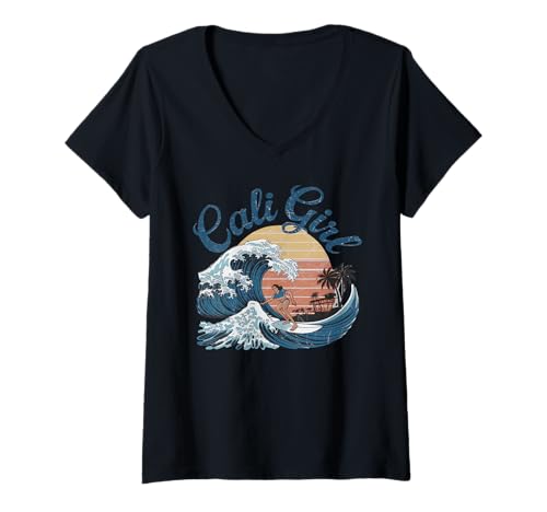 Damen Cali Girl Tshirt California Beach Sommer Urlaub 70er Retro T-Shirt mit V-Ausschnitt Damen Cali Girl Tshirt California Beach Sommer Urlaub 70er Retro T-Shirt mit V-Ausschnitt von Cali Girl Shirt Vintage Retro Beach Mädchen Urlaub