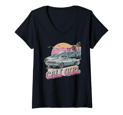 Damen Cali Girl Tshirt California Beach Sommer Urlaub 70er Retro T-Shirt mit V-Ausschnitt Damen Cali Girl Tshirt California Beach Sommer Urlaub 70er Retro T-Shirt mit V-Ausschnitt von Cali Girl Shirt Vintage Retro Beach Mädchen Urlaub