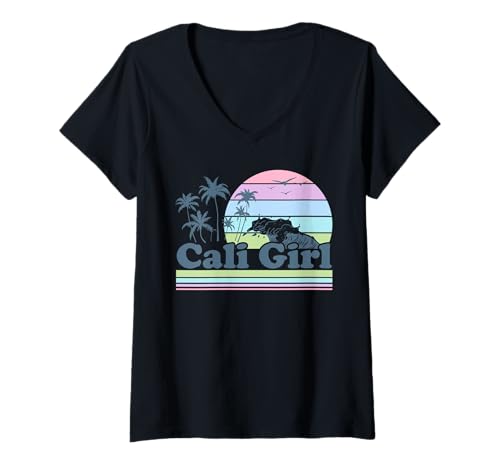 Damen Cali Girl Tshirt California Beach Sommer Urlaub 70er Retro T-Shirt mit V-Ausschnitt Damen Cali Girl Tshirt California Beach Sommer Urlaub 70er Retro T-Shirt mit V-Ausschnitt von Cali Girl Shirt Vintage Retro Beach Mädchen Urlaub