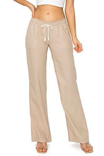 Cali1850 Lässige Leinenhose für Damen, 81,3 cm Schrittlänge, Ozeanseiten-Kordelzug, gesmokte Taille, Lounge-Strandhose mit Taschen, Khaki, M Cali1850 Lässige Leinenhose für Damen, 81,3 cm Schrittlänge, Ozeanseiten-Kordelzug, gesmokte Taille, Lounge-Strandhose mit Taschen, Khaki, M von Cali1850