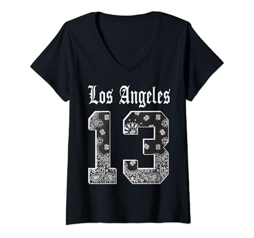 Damen CaliDesign Los Angeles 13 T-Shirt LA Bandana Print Jersey T T-Shirt mit V-Ausschnitt Damen CaliDesign Los Angeles 13 T-Shirt LA Bandana Print Jersey T T-Shirt mit V-Ausschnitt von CaliDesign