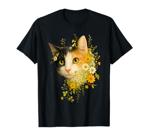 Calico Katze mit Blumen für Mama Papa Frauen Männer Kinder Botanisch T-Shirt von Calico Whiskers & Wildflowers