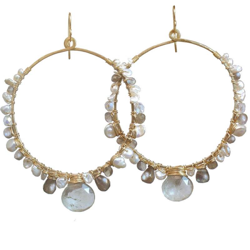 Gehämmerte Creolen Mit Labradorit, Keshi Perlen, Grüner Amethyst Sahara 70 von CalicoJunoJewelry