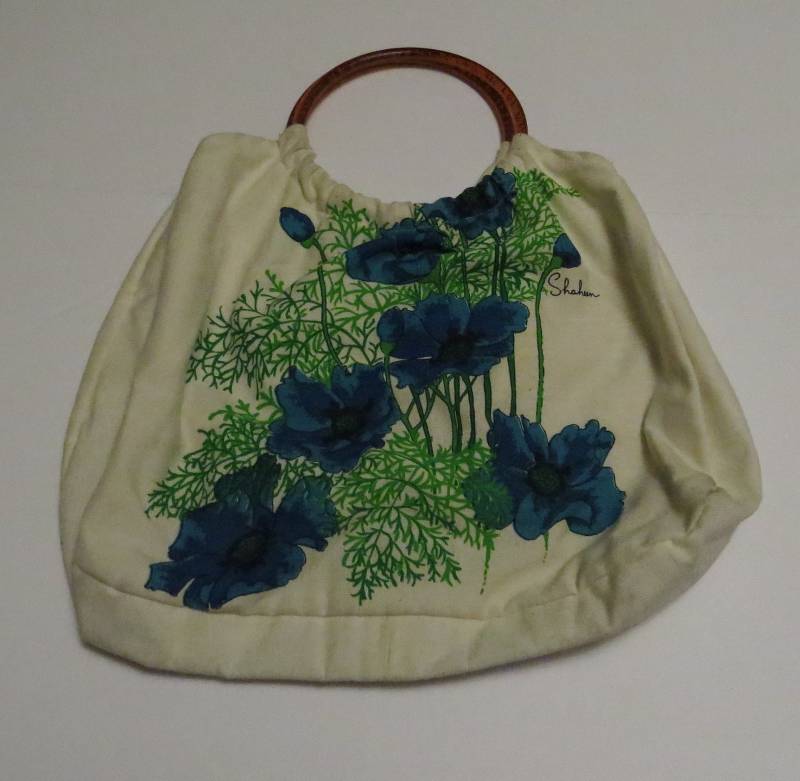 Vtg Alfred Shaheen Signiert Leinen Geldbörse Tasche Rundgriff Island Mohnblumen Extrem Selten von Calidebs