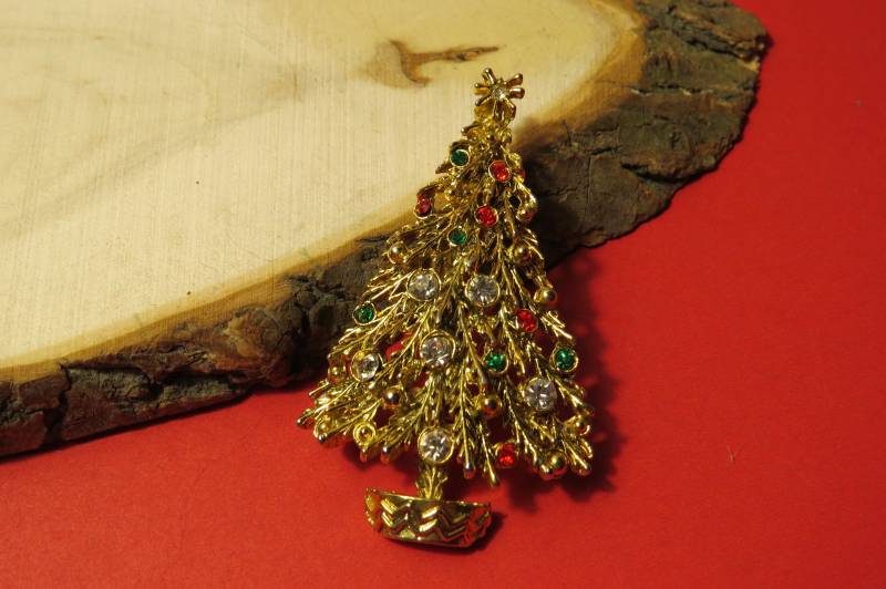 Vtg Unsigniert Weihnachtsbaum Pin Brosche Multi Farbe Strass Hängenden Zweigen von Calidebs