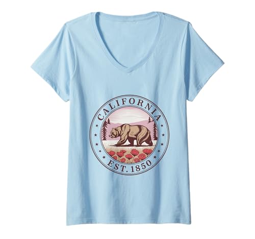 Damen California Boho State 1850 Trikot Bear Poppy Forest Trail T-Shirt mit V-Ausschnitt von California Boho State 1850 Tee Shirts Nature Fans