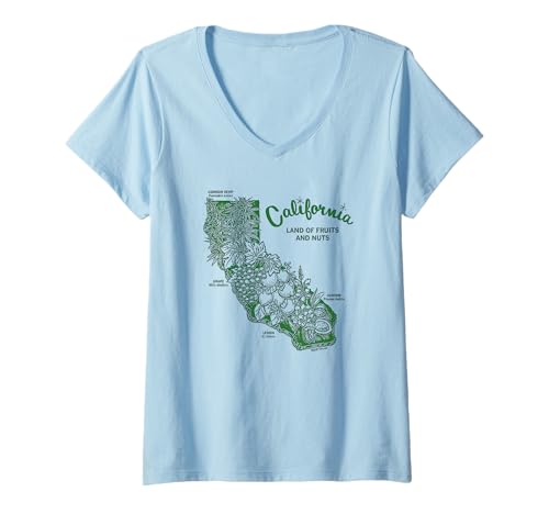 Damen Kalifornien, Land der Früchte und Nüsse, Retro-Vintage-Stil T-Shirt mit V-Ausschnitt Damen Kalifornien, Land der Früchte und Nüsse, Retro-Vintage-Stil T-Shirt mit V-Ausschnitt von California Land of Fruit and Nuts Retro Vintage