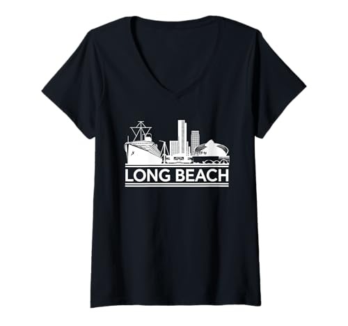 Damen Skyline von Long Beach T-Shirt mit V-Ausschnitt von California Long Beach Town
