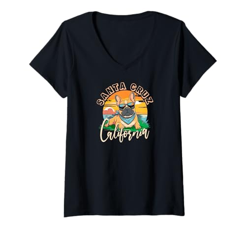 Damen Retro Santa Cruz California Beach French Bulldog Dog Breed T-Shirt mit V-Ausschnitt Damen Retro Santa Cruz California Beach French Bulldog Dog Breed T-Shirt mit V-Ausschnitt von California Retro Tees