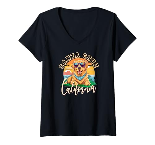 Damen Retro Santa Cruz California Beach Golden Retriever Dog Breed T-Shirt mit V-Ausschnitt Damen Retro Santa Cruz California Beach Golden Retriever Dog Breed T-Shirt mit V-Ausschnitt von California Retro Tees