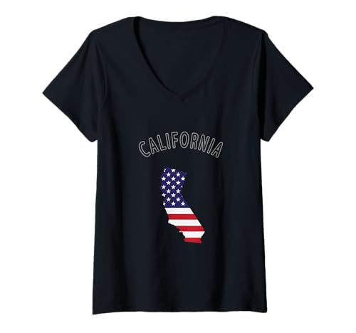 Damen California Map| Retro Vintage College Varsity Style USA Flagge T-Shirt mit V-Ausschnitt Damen California Map| Retro Vintage College Varsity Style USA Flagge T-Shirt mit V-Ausschnitt von California Retro Vintage College Varsity Style