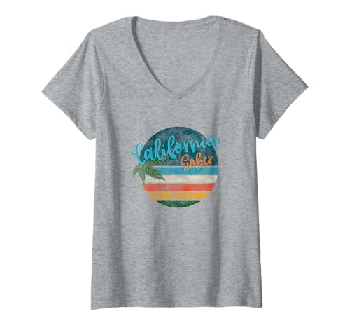 Damen California Sober Distressed Grafik mit Vintage Sunset T-Shirt mit V-Ausschnitt Damen California Sober Distressed Grafik mit Vintage Sunset T-Shirt mit V-Ausschnitt von California Sober Distressed Graphic