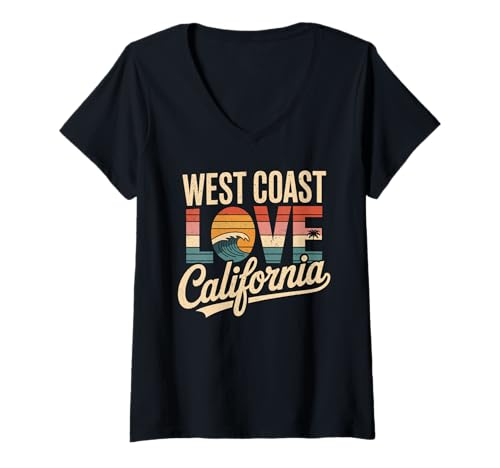 Damen West Coast Love California Retro Surfen Ocean Sunset Beach T-Shirt mit V-Ausschnitt Damen West Coast Love California Retro Surfen Ocean Sunset Beach T-Shirt mit V-Ausschnitt von California Surf Sunset Retro Coastal Lifestyle Tee