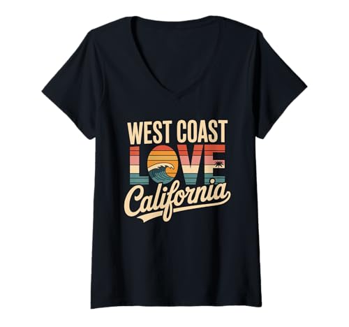 Damen West Coast Love California Retro Surfen Ocean Sunset Beach T-Shirt mit V-Ausschnitt Damen West Coast Love California Retro Surfen Ocean Sunset Beach T-Shirt mit V-Ausschnitt von California Surf Sunset Retro Coastal Lifestyle Tee