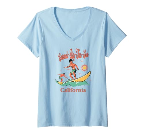 Damen California Carmel-by-The-Sea CA Surfer Surfen Strand Angeln T-Shirt mit V-Ausschnitt Damen California Carmel-by-The-Sea CA Surfer Surfen Strand Angeln T-Shirt mit V-Ausschnitt von California Surfer Surfing Wear
