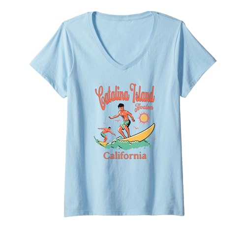 Damen California Catalina Island Avalon CA Surfer Surfen Beach T-Shirt mit V-Ausschnitt Damen California Catalina Island Avalon CA Surfer Surfen Beach T-Shirt mit V-Ausschnitt von California Surfer Surfing Wear