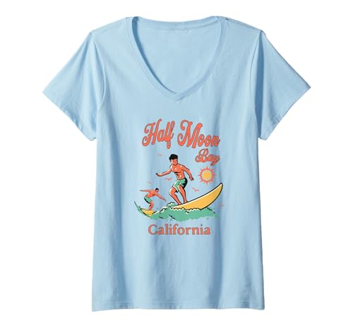 Damen California Half Moon Bay CA Surfer Surfen Strand Angeln T-Shirt mit V-Ausschnitt Damen California Half Moon Bay CA Surfer Surfen Strand Angeln T-Shirt mit V-Ausschnitt von California Surfer Surfing Wear
