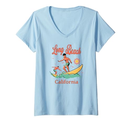 Damen California Long Beach CA Surfer Surfen Angeln Urlaub T-Shirt mit V-Ausschnitt Damen California Long Beach CA Surfer Surfen Angeln Urlaub T-Shirt mit V-Ausschnitt von California Surfer Surfing Wear