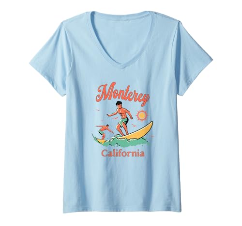 Damen California Monterey CA Surfer Surfen Angeln Beach Lover T-Shirt mit V-Ausschnitt Damen California Monterey CA Surfer Surfen Angeln Beach Lover T-Shirt mit V-Ausschnitt von California Surfer Surfing Wear
