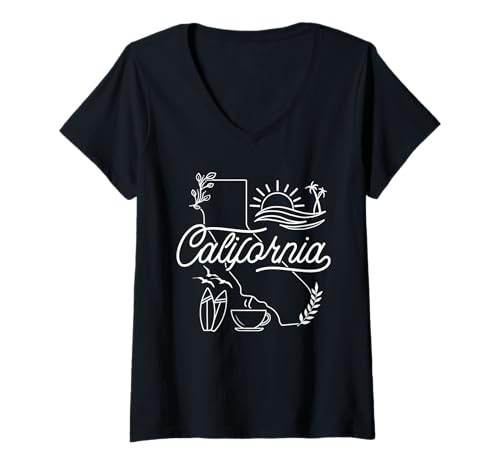 Damen California Line Art Cool Artwork Sunset Surf Coffee Grafik T-Shirt mit V-Ausschnitt Damen California Line Art Cool Artwork Sunset Surf Coffee Grafik T-Shirt mit V-Ausschnitt von California Typography Art Black & White Design