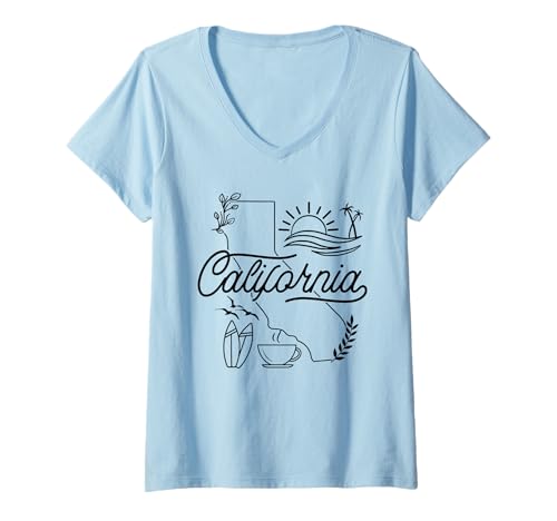 Damen California Line Art Cool Artwork Sunset Surf Coffee Grafik T-Shirt mit V-Ausschnitt Damen California Line Art Cool Artwork Sunset Surf Coffee Grafik T-Shirt mit V-Ausschnitt von California Typography Art Black & White Design