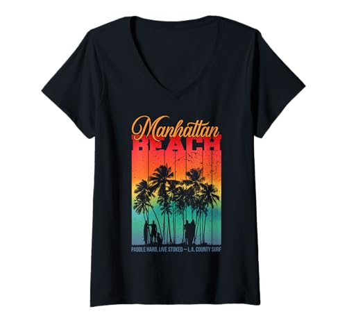 Damen Vintage Manhattan Beach La County Retro Sunset Surf Vibes T-Shirt mit V-Ausschnitt von California West Coast Surffahrer