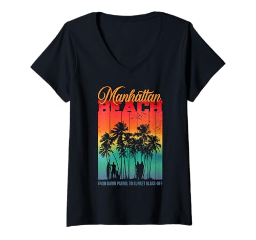 Damen Vintage Manhattan Beach La County Retro Sunset Surf Vibes T-Shirt mit V-Ausschnitt Damen Vintage Manhattan Beach La County Retro Sunset Surf Vibes T-Shirt mit V-Ausschnitt von California West Coast Surffahrer
