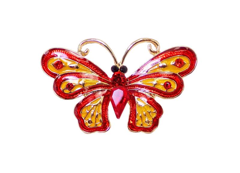 Rote Und Gelbe Schmetterling Brosche Mit Roten Kristallen in Buntem Emaille-Finish. Multi Farbe Kristall Brosche von CalisaDesigns