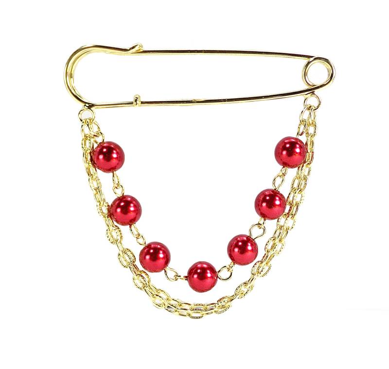Sicherheitsnadel Brosche Mit Roten Glasperlen Und Kettenswag in Gelb Vergoldetem Finish von CalisaDesigns