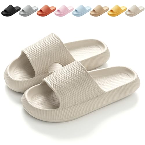 Calish Badeschuhe Herren Damen Cozislides Original Slippers Cloudyzz Schlappen Wolke rutschfeste Badelatschen Hausschuhe Sommer Pantoletten Badeschlappen Flip Flops Indoor/Outdoor, Beige, 46-47 EU von Calish