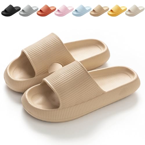 Calish Badeschuhe Herren Damen Cozislides Original Slippers Cloudyzz Schlappen Wolke Rutschfeste Badelatschen Hausschuhe Sommer Pantoletten Badeschlappen Flip Flops Indoor/Outdoor, Khaki, 36-37 EU von Calish